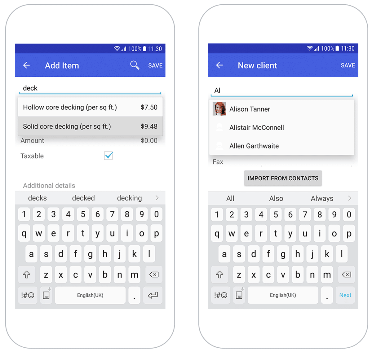 Image of two mobile devices showing saved invoice items and imported contacts in Invoice Simple