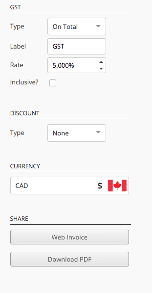 invoice generator side bar, where you can adjust tax and currency