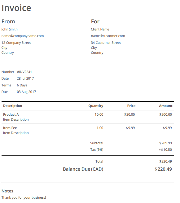 Screenshot of a blank invoice template