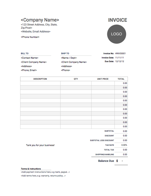 Printable Invoice for Word