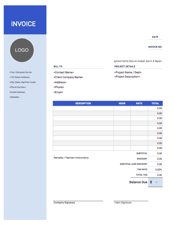 freelance invoice template - blue - wide side