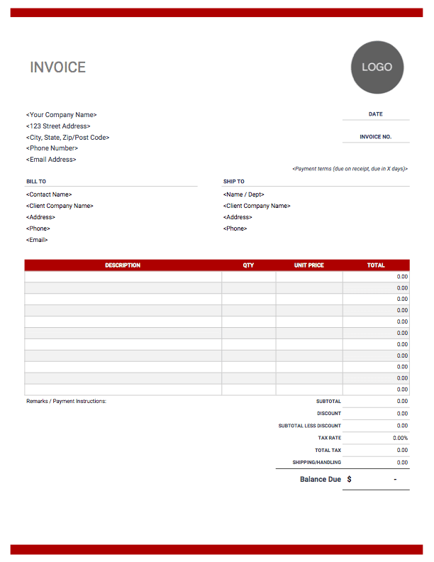 Modern Red Word Invoice Template 