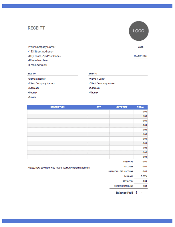 Receipt template with blue theme