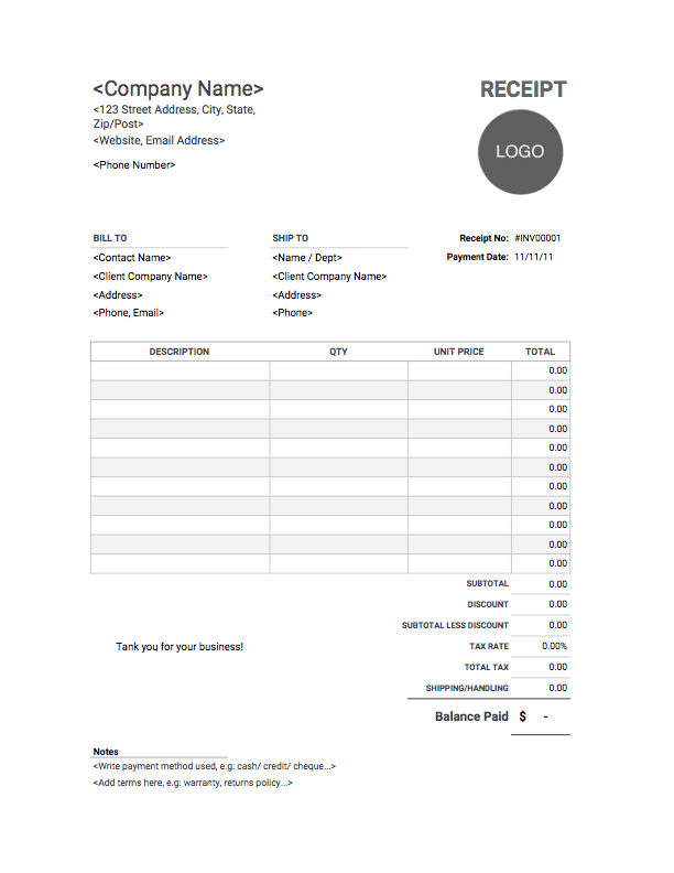 Printable black and white receipt template