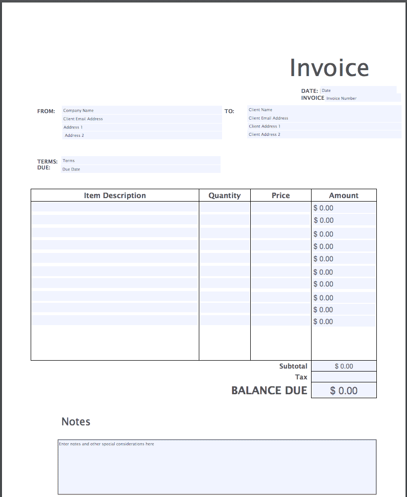 Generic commercial invoice form