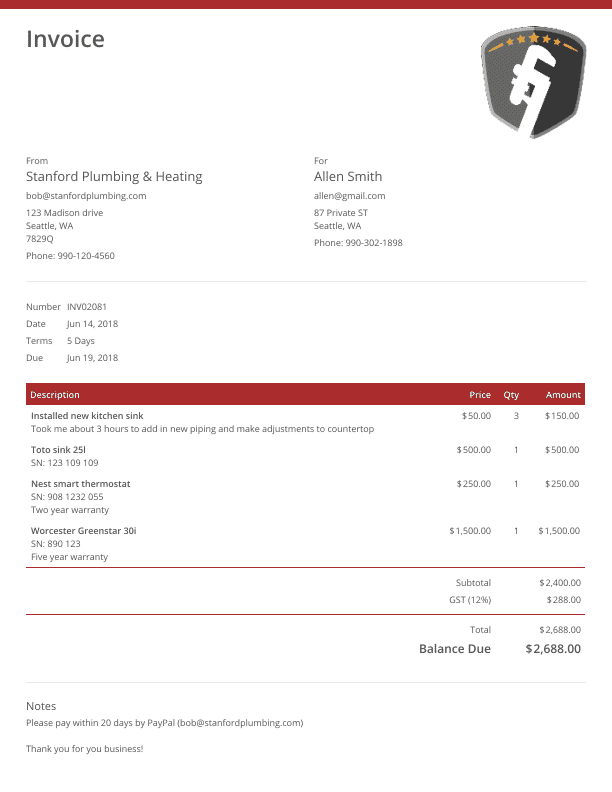 modern sample invoice