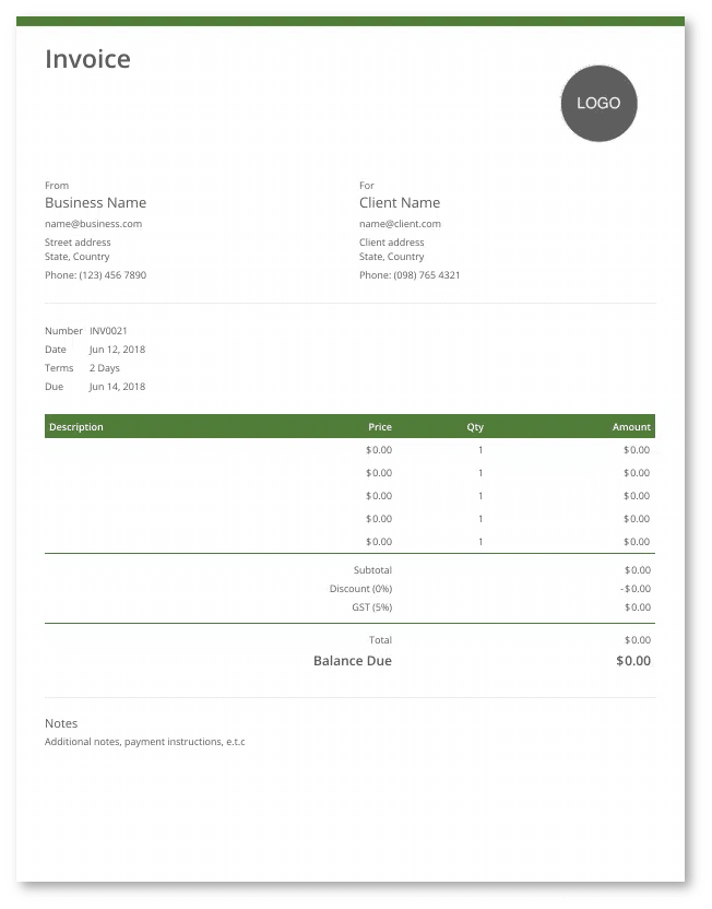 Invoice Simple Modèle vert