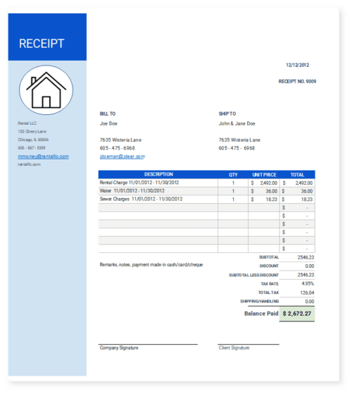 filled out rent receipt example