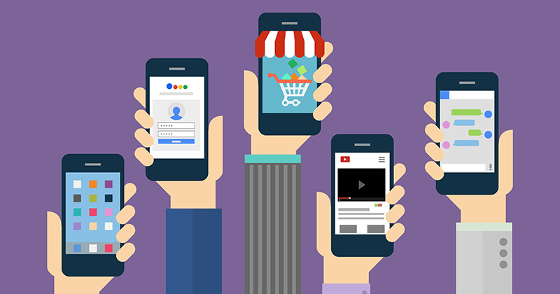 A graphic of five hands holding up smartphones. Each phone depicts a different website.