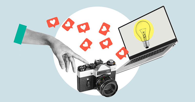 Collage-photo-depicting-a-hand-touching-a-non-digital-camera-next-to-a-laptop.