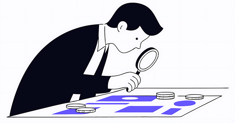 Cartoon-of-a-man-with-a-magnifying-glass-searching-a-table-with-coins-on-it-representing-the-search-for-_hidden-costs.