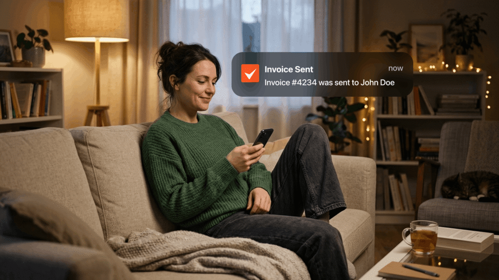Une femme est assise sur son canapé, le sourire aux lèvres, les yeux rivés sur son téléphone portable. Une image Invoice Simple indiquant « Facture envoyée » Invoice Simple en superposition.