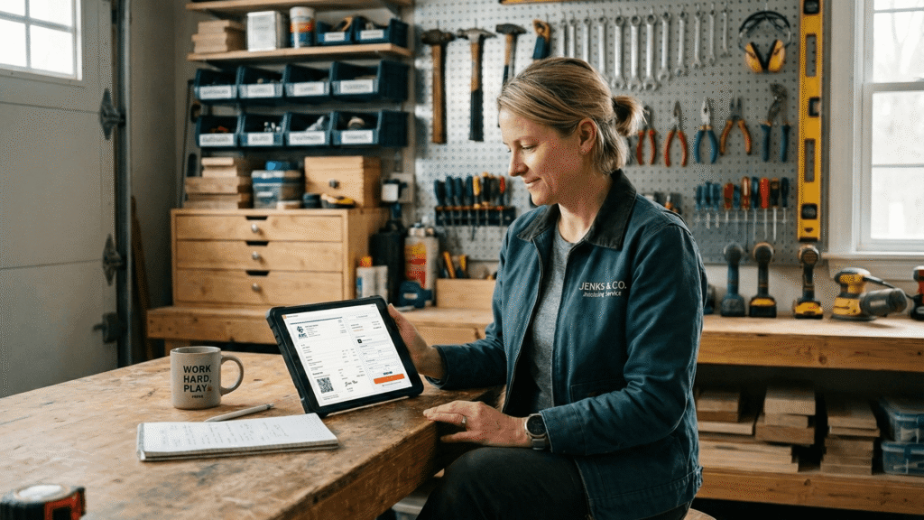 A woman sits in her workshop looking at her business finances, which are all organized on her personal device.