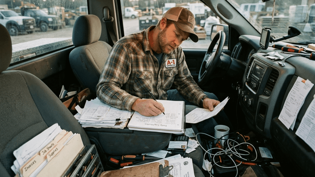 A man works in his vehicle surrounded by mounds of messy paperwork.