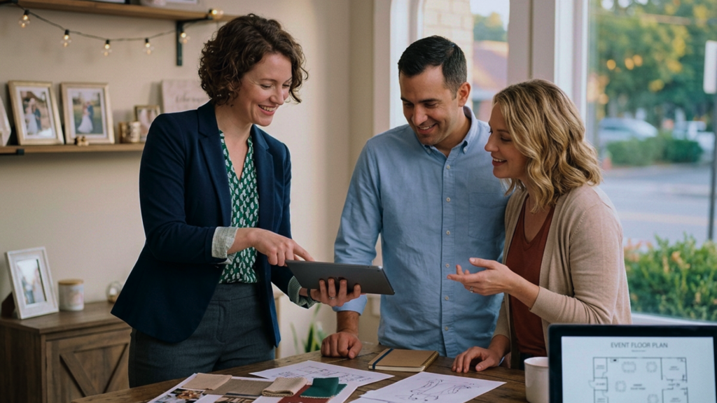 A woman stands with a couple. They are looking at a tablet showcasing their small business tax organization.