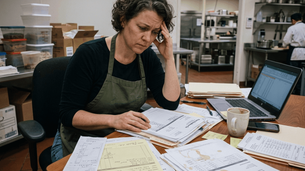 A woman looks worried while trying to run her small business using paper invoices.