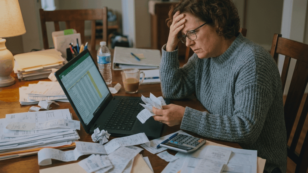 A woman looks stressed while going through a messy pile of paper receipts.