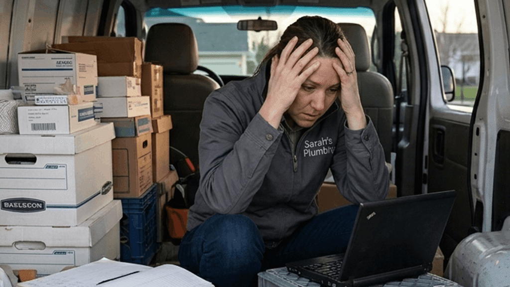 A woman sits in the back of her work truck, overwhelmed by boxes of paperwork.